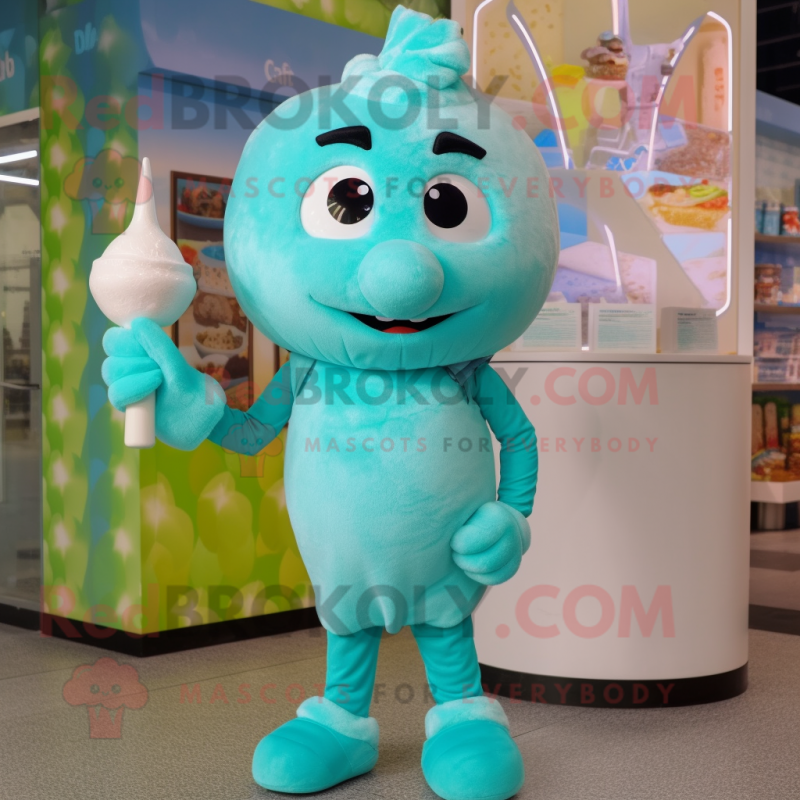 Turquoise Ice Cream mascot costume character dressed with a Jeans and Earrings Turquoise Ice Cream mascot costume character dressed with a Jeans and Earrings