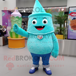 Turquoise Ice Cream mascot costume character dressed with a Jeans and Earrings