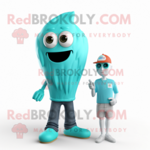 Turquoise Ice Cream mascot costume character dressed with a Jeans and Earrings