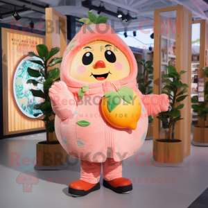 Peach Grapefruit mascot costume character dressed with a Parka and Mittens