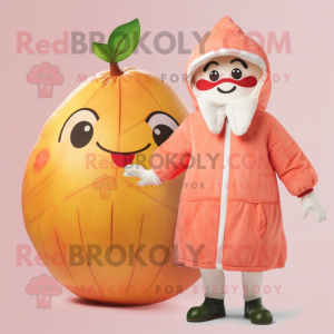 Peach Grapefruit mascot costume character dressed with a Parka and Mittens