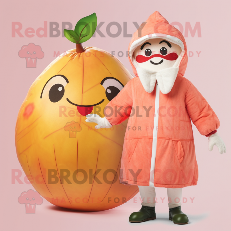 Peach Grapefruit mascot costume character dressed with a Parka and Mittens Peach Grapefruit mascot costume character dressed with a Parka and Mittens
