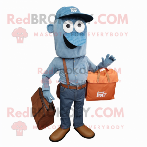 Rust Aglet mascot costume character dressed with a Denim Shirt and Handbags