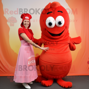 Red Shrimp Scampi mascot costume character dressed with a Maxi Dress and Beanies