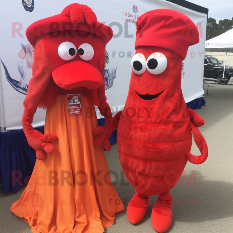 Red Shrimp Scampi mascot costume character dressed with a Maxi Dress and Beanies