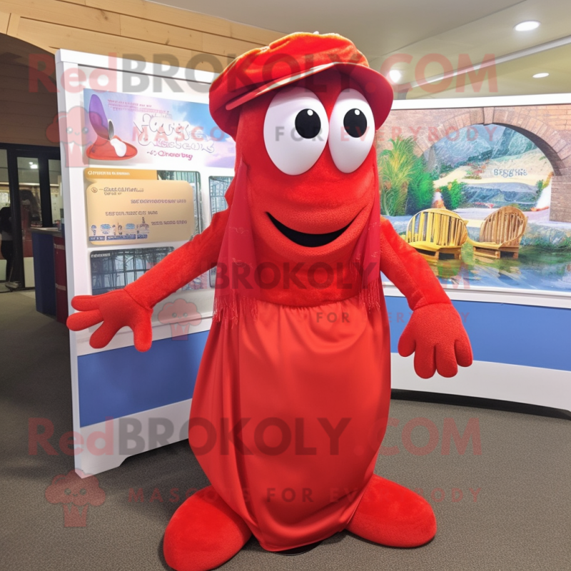 Red Shrimp Scampi mascot costume character dressed with a Maxi Dress and Beanies Red Shrimp Scampi mascot costume character dressed with a Maxi Dress and Beanies