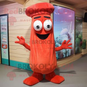 Red Shrimp Scampi mascot costume character dressed with a Maxi Dress and Beanies