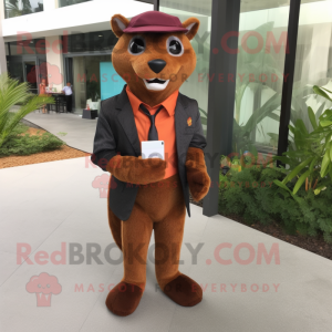 Rust Jaguarundi mascot costume character dressed with a Suit Pants and Brooches