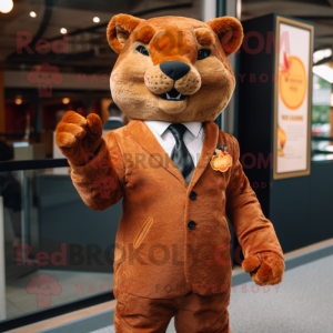 Rust Jaguarundi mascot costume character dressed with a Suit Pants and Brooches