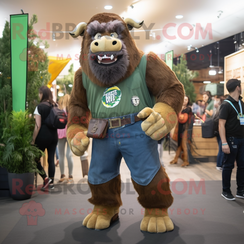 Forest Green Bison mascot costume character dressed with a Denim Shorts and Belts