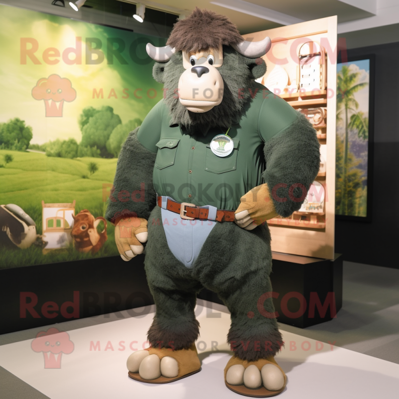Forest Green Bison mascot costume character dressed with a Denim Shorts and Belts Forest Green Bison mascot costume character dressed with a Denim Shorts and Belts