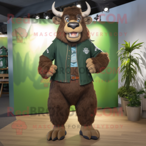 Forest Green Bison mascot costume character dressed with a Denim Shorts and Belts