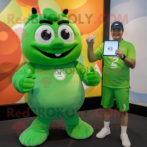 Green Phone mascot costume character dressed with a Henley Tee and Smartwatches