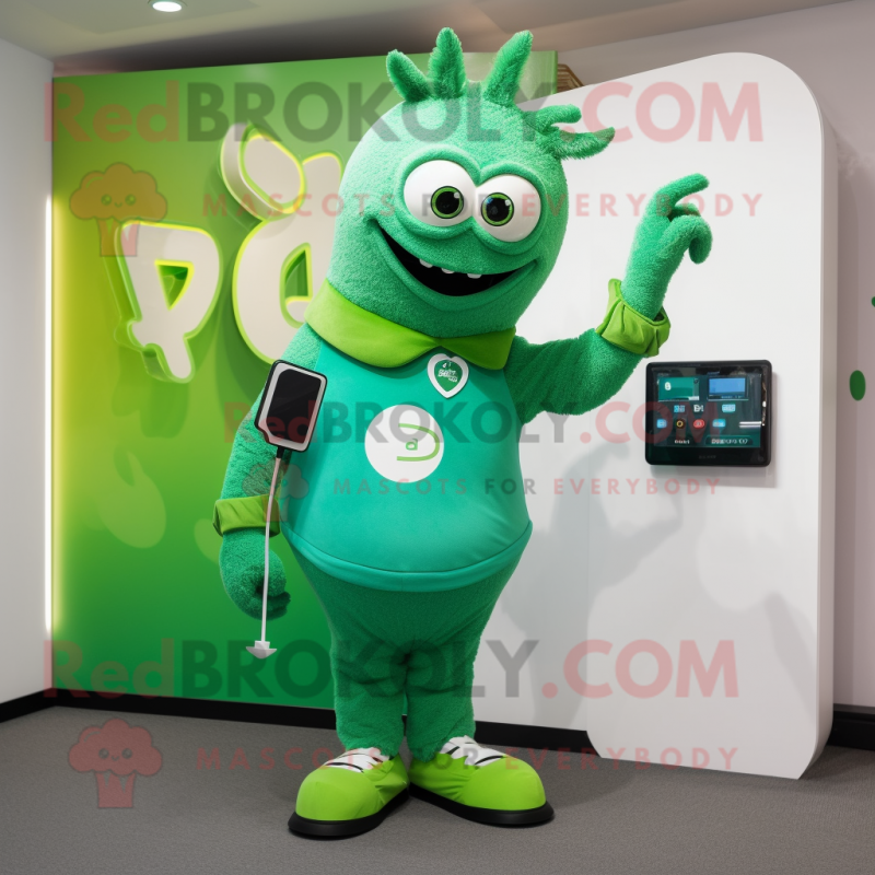 Green Phone mascot costume character dressed with a Henley Tee and Smartwatches Green Phone mascot costume character dressed with a Henley Tee and Smartwatches