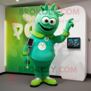 Green Phone mascot costume character dressed with a Henley Tee and Smartwatches