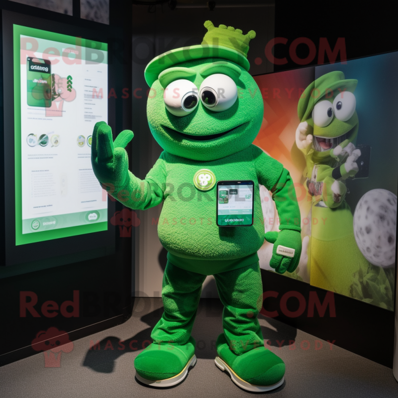 Green Phone mascot costume character dressed with a Henley Tee and Smartwatches Green Phone mascot costume character dressed with a Henley Tee and Smartwatches
