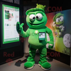 Green Phone mascot costume character dressed with a Henley Tee and Smartwatches