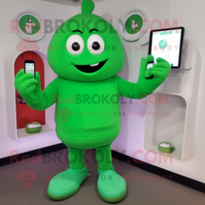 Green Phone mascot costume character dressed with a Henley Tee and Smartwatches
