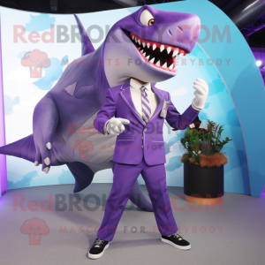 Purple Megalodon mascot costume character dressed with a Suit Jacket and Shoe clips