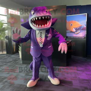 Purple Megalodon mascot costume character dressed with a Suit Jacket and Shoe clips
