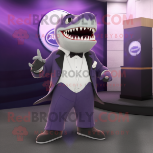 Purple Megalodon mascot costume character dressed with a Suit Jacket and Shoe clips