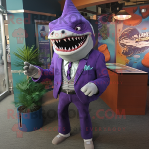 Purple Megalodon mascot costume character dressed with a Suit Jacket and Shoe clips