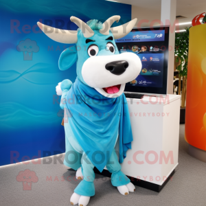 Cyan Zebu mascot costume character dressed with a Pencil Skirt and Scarves