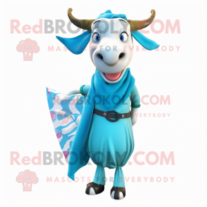 Cyan Zebu mascot costume character dressed with a Pencil Skirt and Scarves