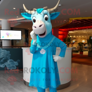 Cyan Zebu mascot costume character dressed with a Pencil Skirt and Scarves