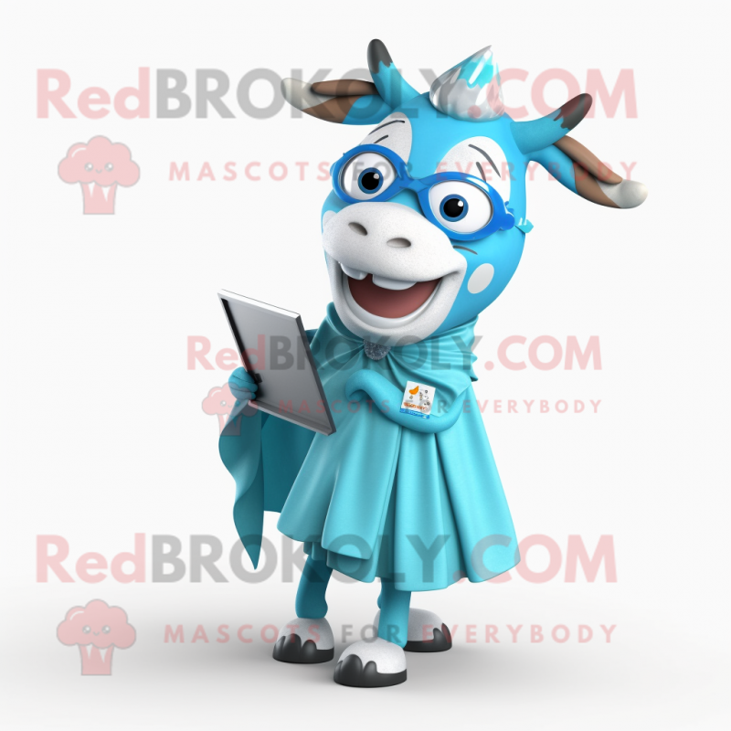 Cyan Zebu mascot costume character dressed with a Pencil Skirt and Scarves