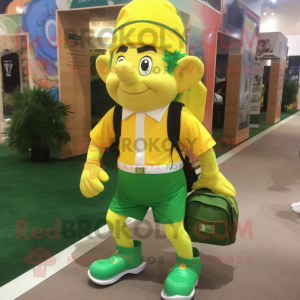 Lemon Yellow Leprechaun mascot costume character dressed with a Running Shorts and Messenger bags