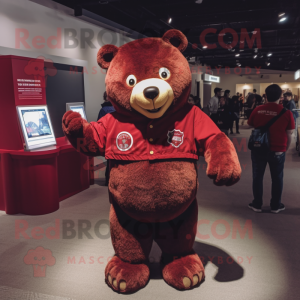 Maroon Bear mascot costume character dressed with a Long Sleeve Tee and Coin purses