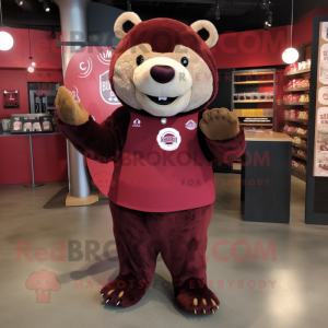Maroon Bear mascot costume character dressed with a Long Sleeve Tee and Coin purses