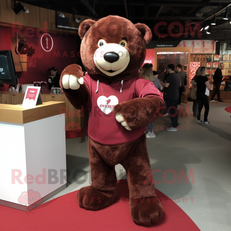 Maroon Bear mascot costume character dressed with a Long Sleeve Tee and Coin purses Maroon Bear mascot costume character dressed with a Long Sleeve Tee and Coin purses