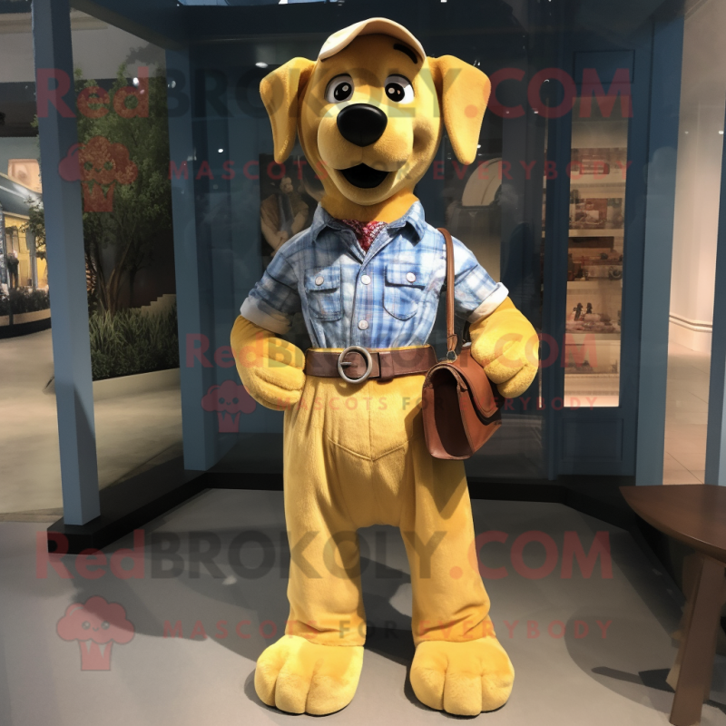 Yellow Dog mascot costume character dressed with a Chambray Shirt and Belts Yellow Dog mascot costume character dressed with a Chambray Shirt and Belts