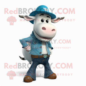 Cyan Holstein Cow mascot costume character dressed with a Bootcut Jeans and Ties