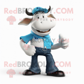 Cyan Holstein Cow mascot costume character dressed with a Bootcut Jeans and Ties