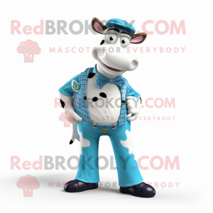 Cyan Holstein Cow mascot costume character dressed with a Bootcut Jeans and Ties