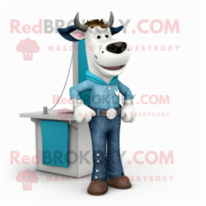 Cyan Holstein Cow mascot costume character dressed with a Bootcut Jeans and Ties