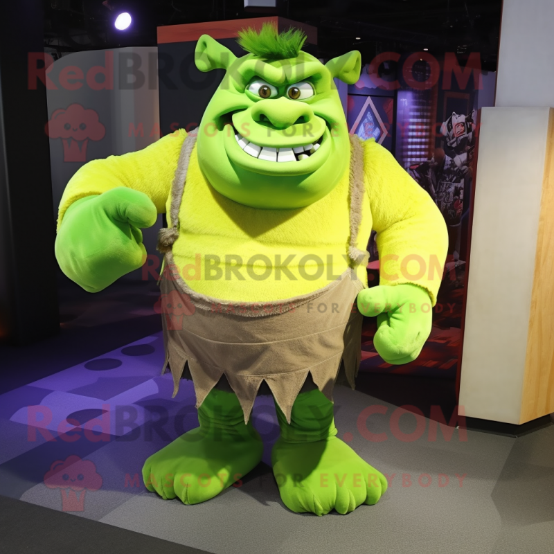 Lime Green Ogre mascot costume character dressed with a Cargo Shorts and Hair clips Lime Green Ogre mascot costume character dressed with a Cargo Shorts and Hair clips
