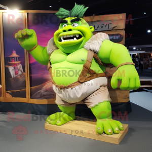 Lime Green Ogre mascot costume character dressed with a Cargo Shorts and Hair clips