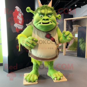 Lime Green Ogre mascot costume character dressed with a Cargo Shorts and Hair clips