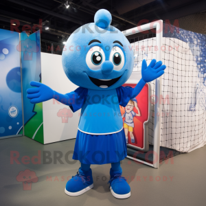 Blue Soccer Goal mascot costume character dressed with a Shift Dress and Mittens