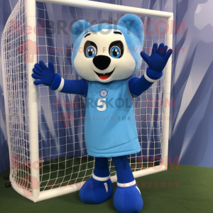 Blue Soccer Goal mascot costume character dressed with a Shift Dress and Mittens