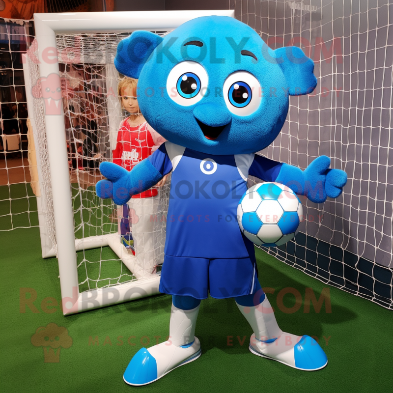 Blue Soccer Goal mascot costume character dressed with a Shift Dress and Mittens Blue Soccer Goal mascot costume character dressed with a Shift Dress and Mittens