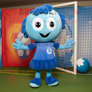 Blue Soccer Goal mascot costume character dressed with a Shift Dress and Mittens
