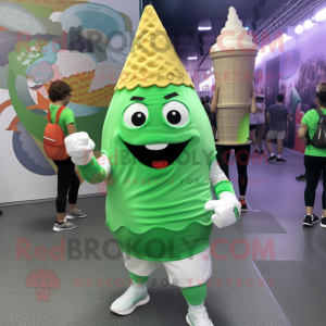 Green Ice Cream Cone mascot costume character dressed with a Joggers and Headbands