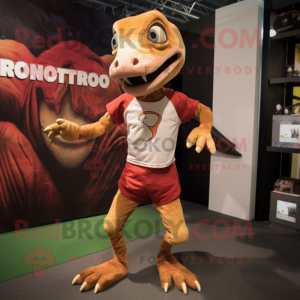 Rust Dimorphodon mascot costume character dressed with a Running Shorts and Gloves