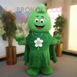 Green Bunch Of Shamrocks mascot costume character dressed with a T-Shirt and Shawl pins