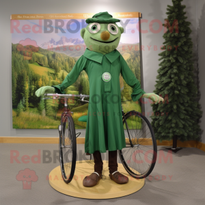 Forest Green Unicyclist mascot costume character dressed with a Wrap Dress and Tie pins